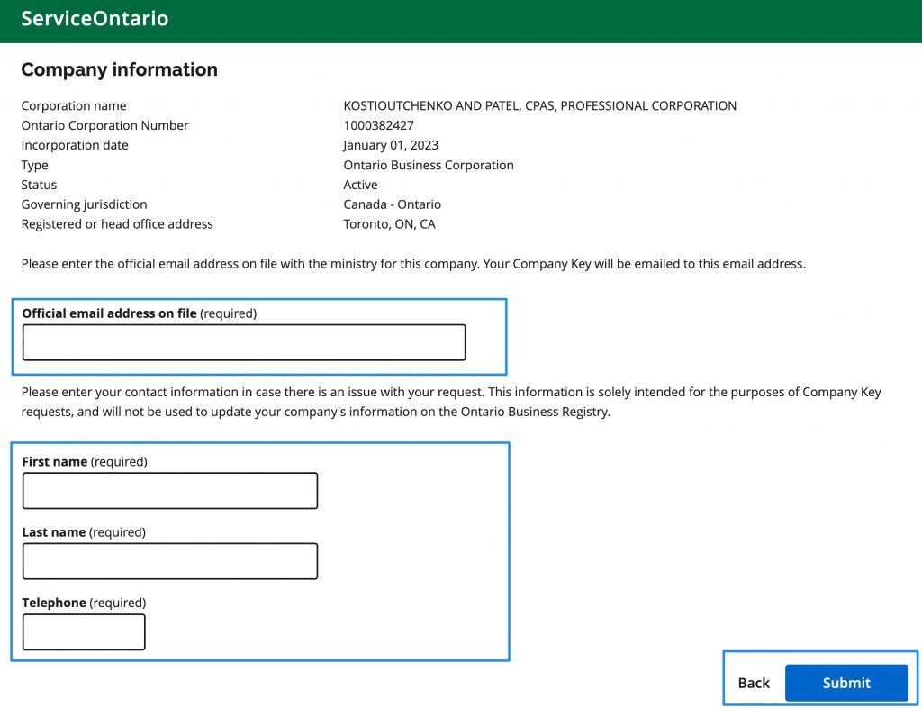 Guide To The Ontario Business Registry K P CPAs   Get A Company Key For Ontario Business Registry 1024x786 